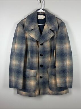 Vintage Pendleton Western Wool Blue Tan Plaid Pea Coat Winter Men's Size 44
